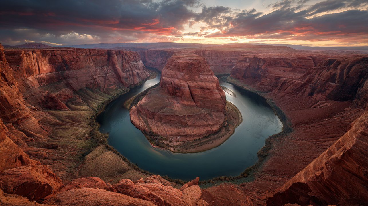 Dramatic sunset over Horseshoe Bend with glowing red canyon cliffs and a winding river in Arizona’s desert landscape.