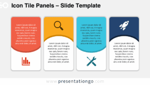 Standard Icon Tile Panels diagram for PowerPoint featuring four rounded color panels with editable icons and text areas arranged in a horizontal layout.