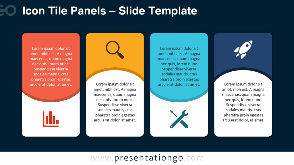 Icon Tile Panels diagram for PowerPoint displayed on a dark background with four colorful rounded tiles and editable icons aligned in a clean horizontal row.