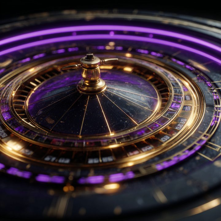 A 3D-rendered luxury roulette wheel with gold and purple neon accents, combining realism and elegance in a casino-themed design.