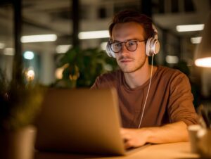 Young man in glasses and headphones working on a laptop in a warmly lit office at night, symbolizing focus and digital productivity.