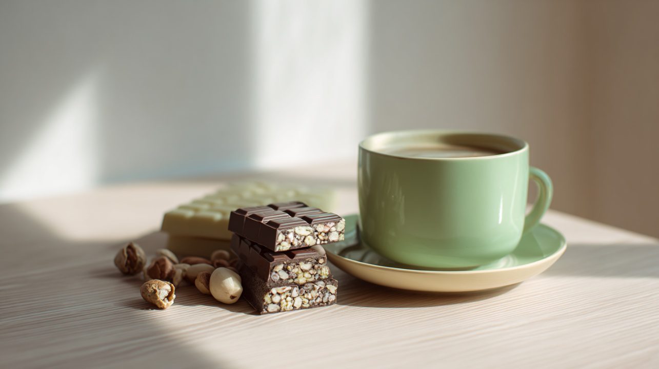Minimalist morning scene with a green coffee cup, chocolate bars with nuts, and whole nuts on a light wood table in natural daylight.