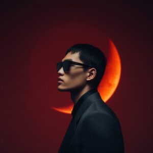 Profile of a fashion model in a dark minimalist outfit and sunglasses, standing in front of a glowing red crescent eclipse on a deep red background.