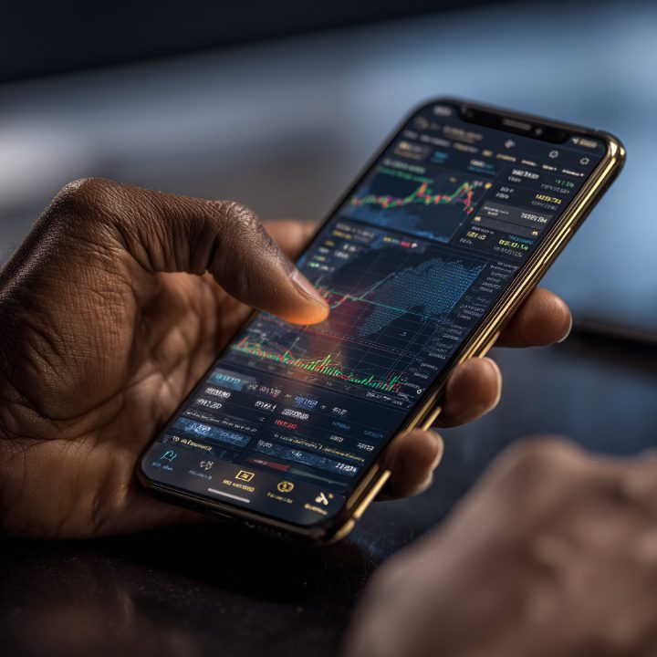 Close-up of a businessperson using a smartphone stock trading app with real-time charts, candlestick graphs, and financial data analysis.