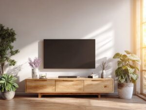 Modern living room interior with wall-mounted TV, wooden console, potted plants, and warm sunlight shining through large windows.