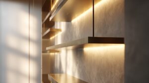 Elegant interior wall featuring minimalist floating shelves with built-in warm lighting, creating a modern and luxurious ambiance.