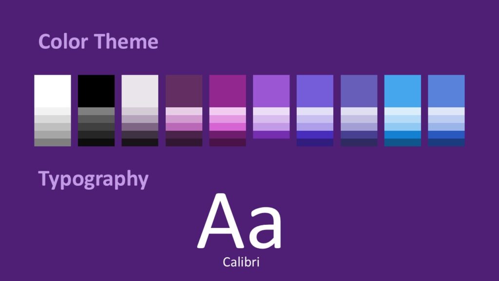 Neon Hearts Glow Colors and Fonts Slide Color palette and font slide from the Neon Hearts Glow Template designed for PowerPoint and Google Slides with coordinated purple and blue theme options.