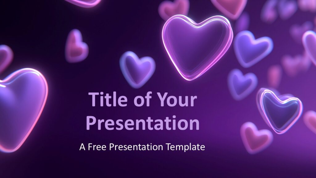 Neon Hearts Glow Cover Slide for PowerPoint Cover slide of the Neon Hearts Glow Template displaying floating neon heart graphics for PowerPoint and Google Slides in a vivid purple presentation style.