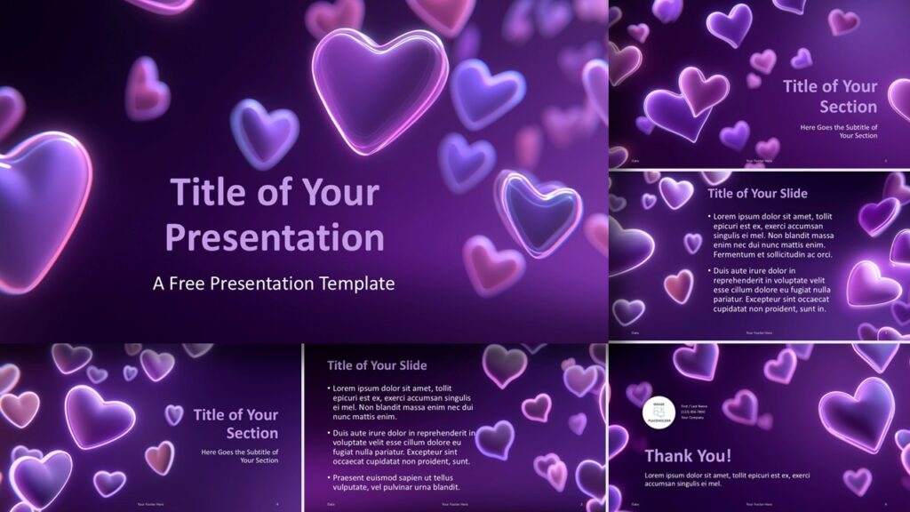 Preview of the Neon Hearts Glow Template featuring glowing heart visuals for PowerPoint and Google Slides with clean, elegant slide arrangements.