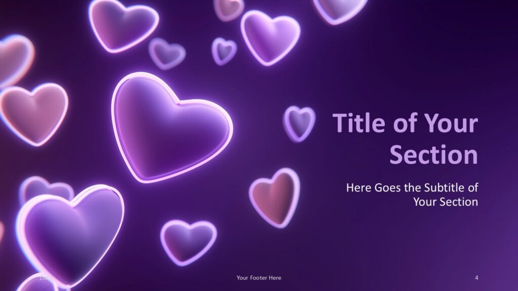Section Divider Slide Option for PowerPoint First section divider from the Neon Hearts Glow Template with glowing heart graphics framing titles for PowerPoint and Google Slides in a themed design.