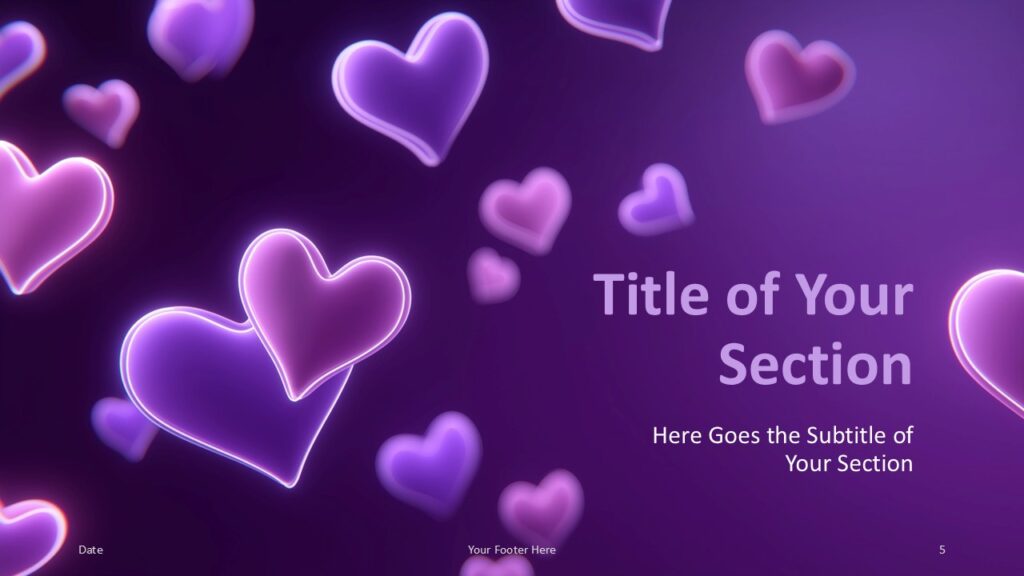 Second Section Divider Slide for PowerPoint Second section divider of the Neon Hearts Glow Template showing floating neon hearts for PowerPoint and Google Slides in a balanced slide layout.
