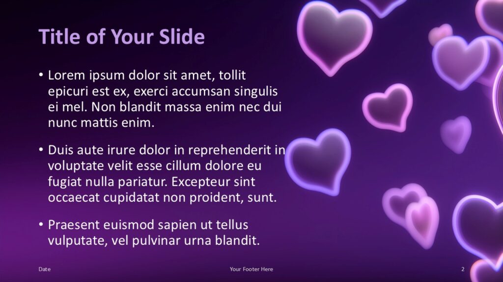 Title and Content Slide Layout for PowerPoint First title and content layout from the Neon Hearts Glow Template with glowing heart elements for PowerPoint and Google Slides in a clear readable format.