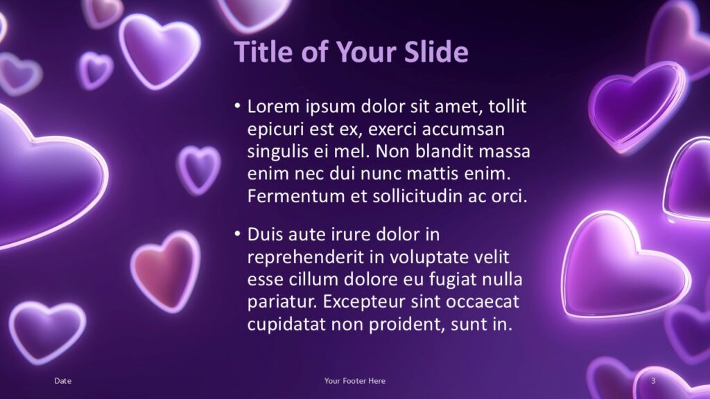 Second Title and Content Slide for PowerPoint Alternate title and content slide from the Neon Hearts Glow Template featuring neon heart accents for PowerPoint and Google Slides in a clean layout.