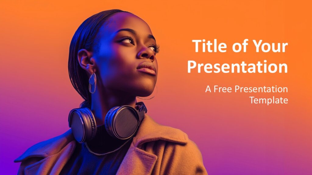 Neon Soundscape Cover Slide for PowerPoint Cover slide of the Neon Soundscape template for PowerPoint and Google Slides with a neon portrait and bold title layout for creative presentations.