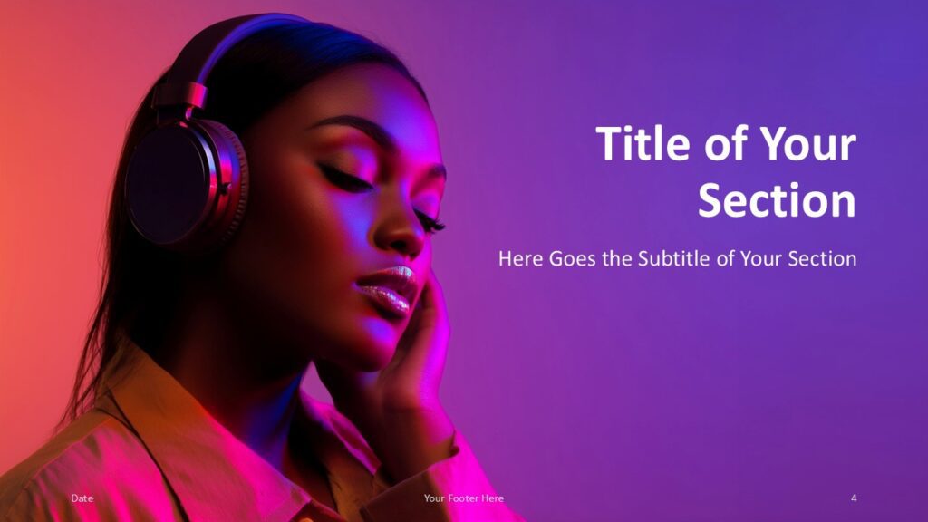 Neon Soundscape Section Divider Slide Section divider slide from the Neon Soundscape template for PowerPoint and Google Slides featuring neon lighting, portrait imagery, and large headings.