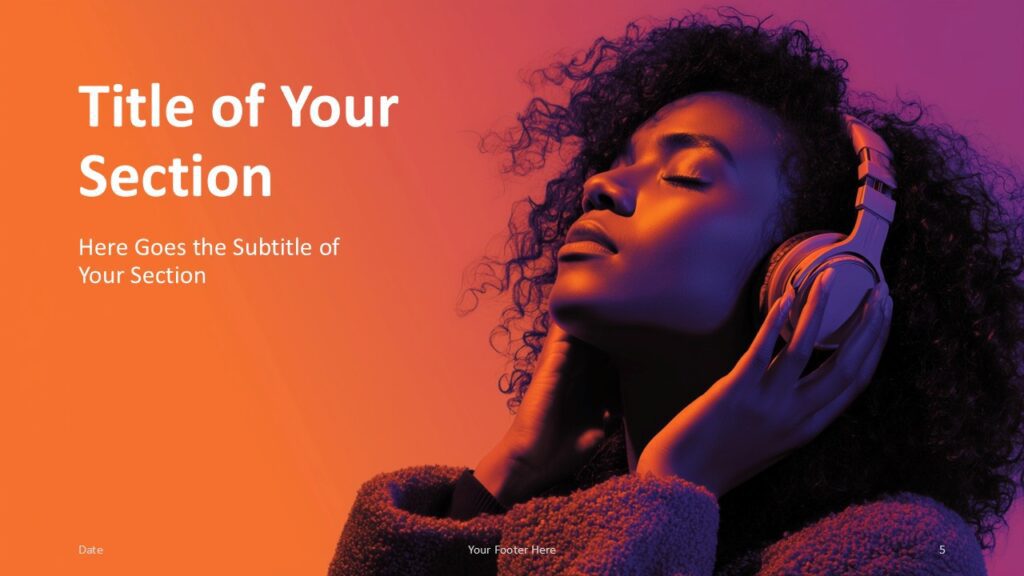 Neon Soundscape Alternate Divider Slide Alternate section divider from the Neon Soundscape template for PowerPoint and Google Slides showcasing neon portraits and bold section title styling.