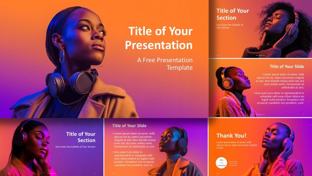 Overview of the Neon Soundscape presentation template for PowerPoint and Google Slides featuring neon portraits, gradients, and clean text layouts.