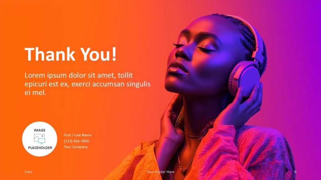 Neon Soundscape Thank You Slide Thank You slide from the Neon Soundscape template for PowerPoint and Google Slides with neon portrait visuals and clean placeholder areas for contact details.