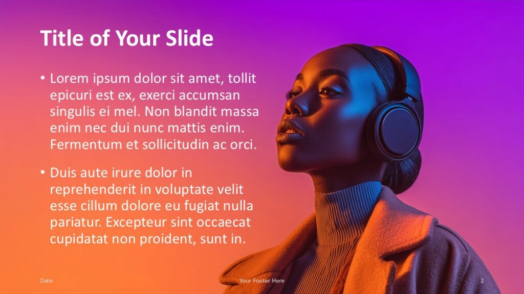 Neon Soundscape Title Content Slide Title and content layout from the Neon Soundscape template for PowerPoint and Google Slides featuring neon portrait imagery and clear text spacing.