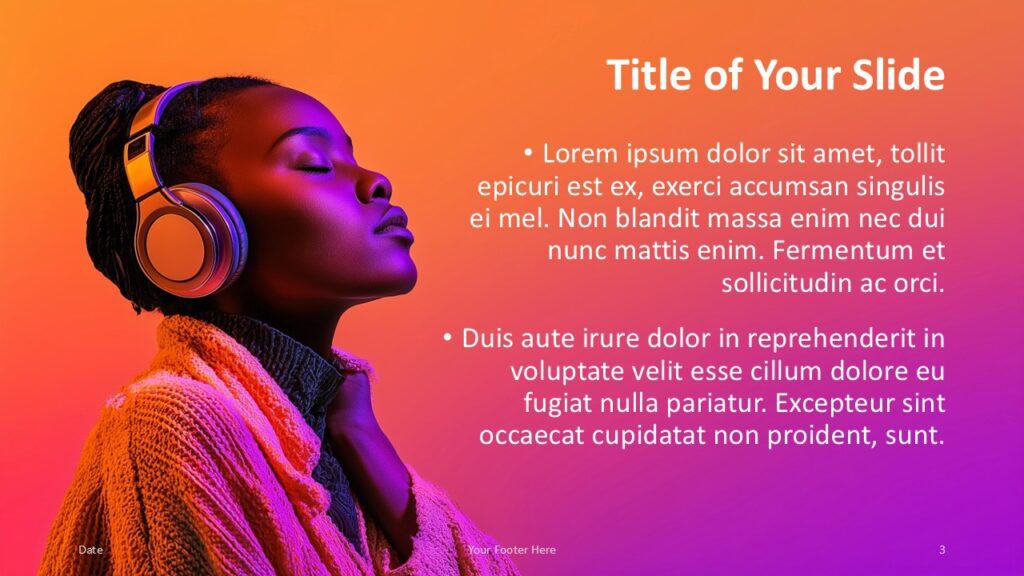 Neon Soundscape Alternate Content Slide Alternate title and content slide from the Neon Soundscape template for PowerPoint and Google Slides using bold neon portraits and organized text areas.