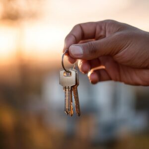 A hand holding house keys with a blurred sunset background, representing a new homeowner or real estate transaction.