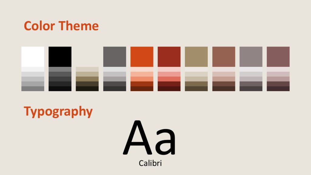Nordic Winter Forest Colors and Fonts Color theme and typography slide from the Nordic Winter Forest template showing warm reds, charcoals, and beige tones suitable for PowerPoint and Google Slides.