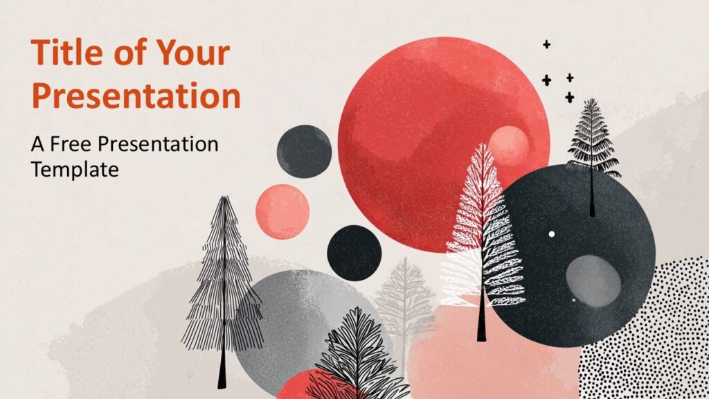 Nordic Winter Forest Cover Slide Cover slide of the Nordic Winter Forest template for PowerPoint and Google Slides with abstract red and black shapes and stylized Scandinavian trees.