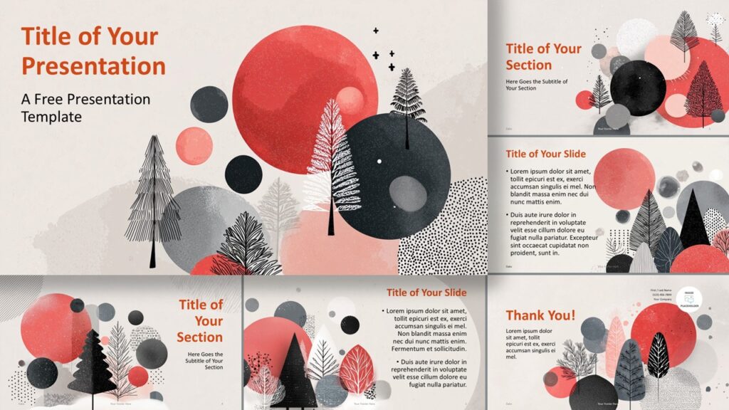 Wide layout preview of the Nordic Winter Forest template for PowerPoint and Google Slides featuring abstract trees, warm colors, and winter textures.