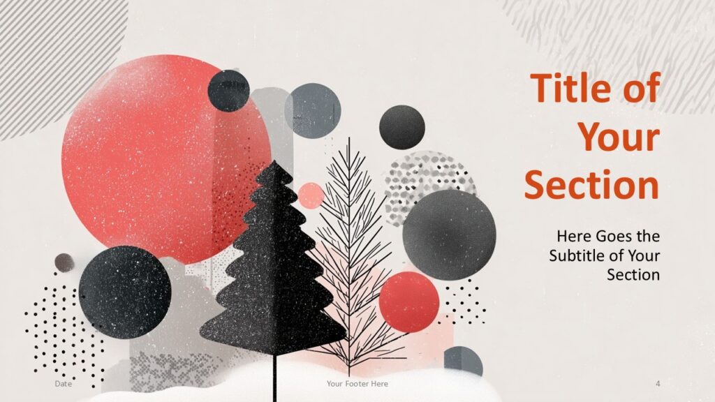 Nordic Winter Forest Section Slide 1 Section divider slide from the Nordic Winter Forest template featuring bold abstract circles and textured trees for presentations in PowerPoint and Google Slides.