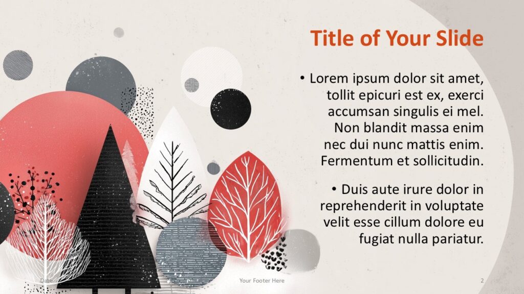 Nordic Winter Forest Content Slide 1 First content slide design from the Nordic Winter Forest template showing right-aligned text and textured forest illustrations for PowerPoint and Google Slides.