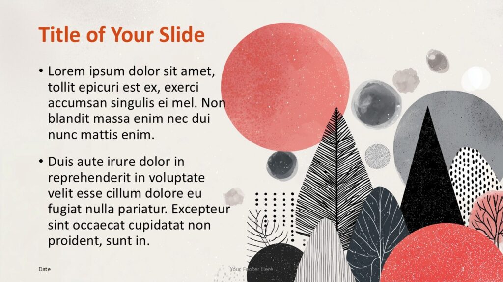 Nordic Winter Forest Content Slide 2 Second content slide layout from the Nordic Winter Forest template with left-aligned text and abstract winter artwork for PowerPoint and Google Slides.