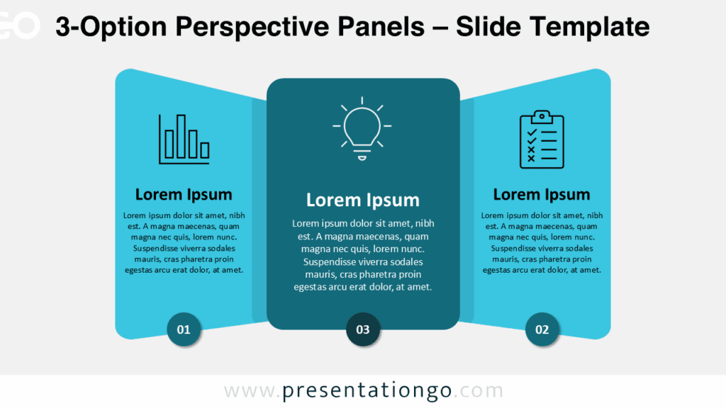 blue 3-option perspective panels layout for PowerPoint slides