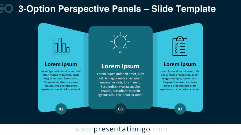 Dark Blue 3-Option Perspective Panels for PowerPoint dark blue 3-option perspective panels layout for PowerPoint presentations