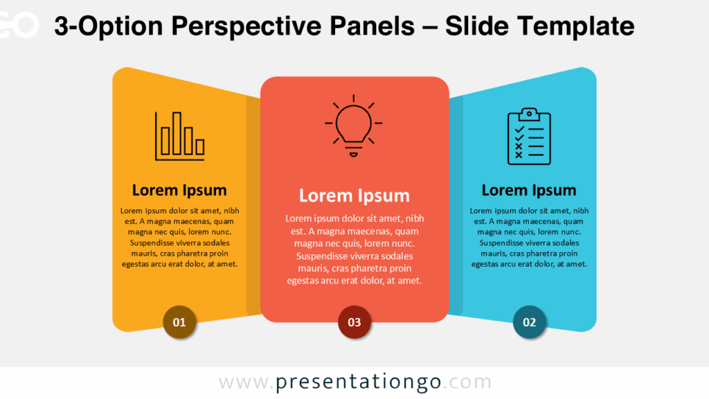 Colorful 3-Option Perspective Panels for PowerPoint colorful 3-option perspective panels design for PowerPoint presentation