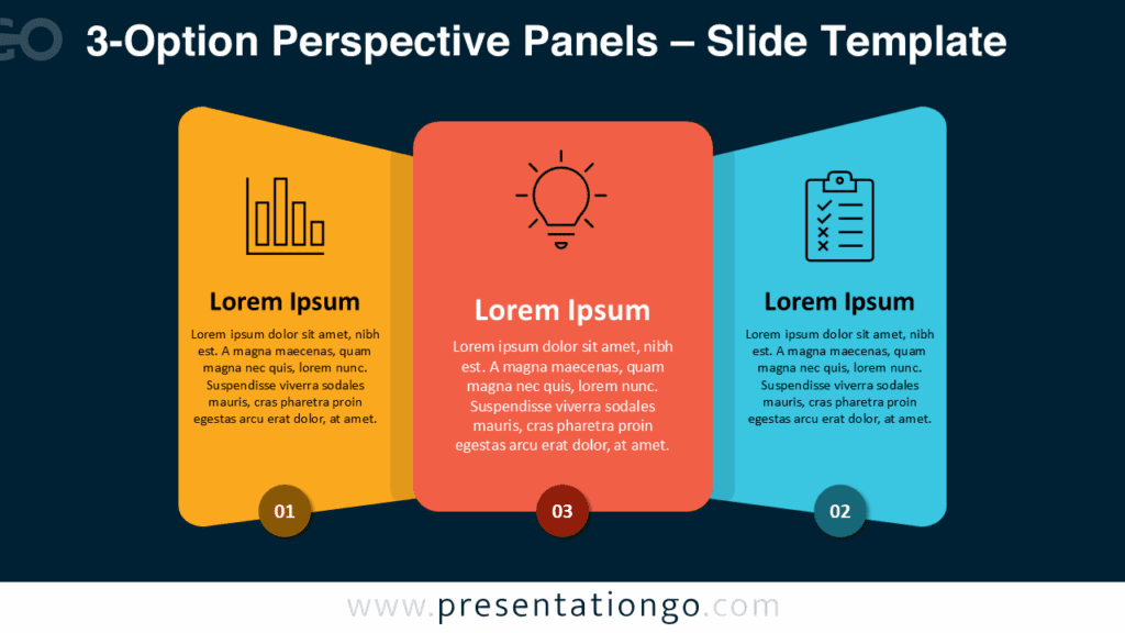 Dark 3-Option Perspective Panels Diagram for PowerPoint dark 3-option perspective panels infographic for PowerPoint and Google Slides