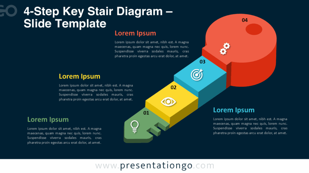 Dark 4-Step Key Stair Diagram Template for PowerPoint Dark version of 4-step key stair diagram for PowerPoint slides