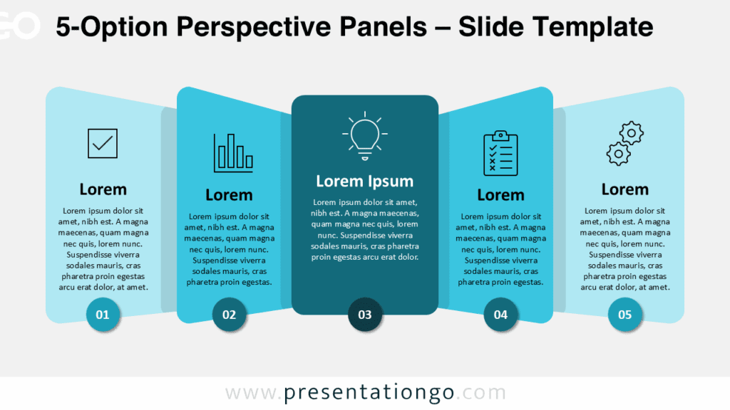 blue 5-option perspective panels diagram for PowerPoint presentations