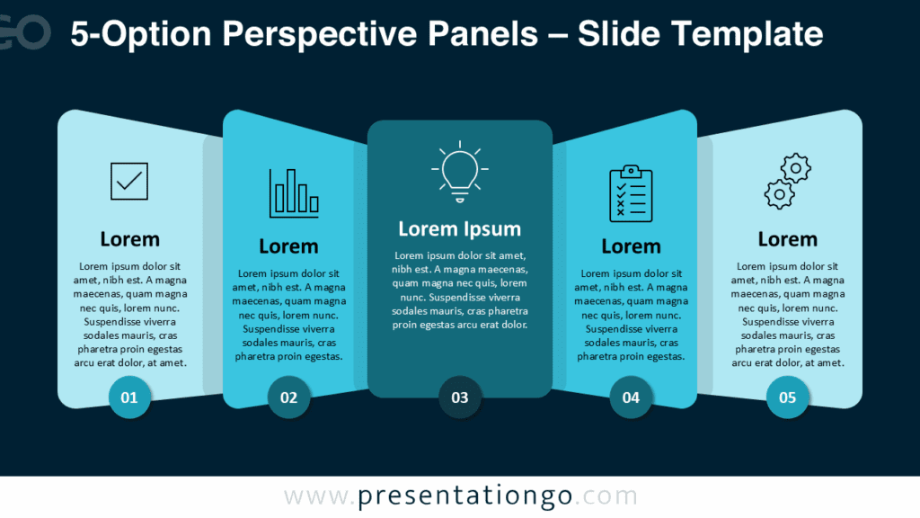 Dark Blue 5-Option Perspective Panels for PowerPoint dark blue 5-option perspective panels layout for PowerPoint slides