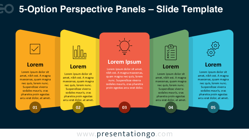 Dark 5-Option Perspective Panels Diagram for PowerPoint dark 5-option perspective panels infographic for PowerPoint and Google Slides