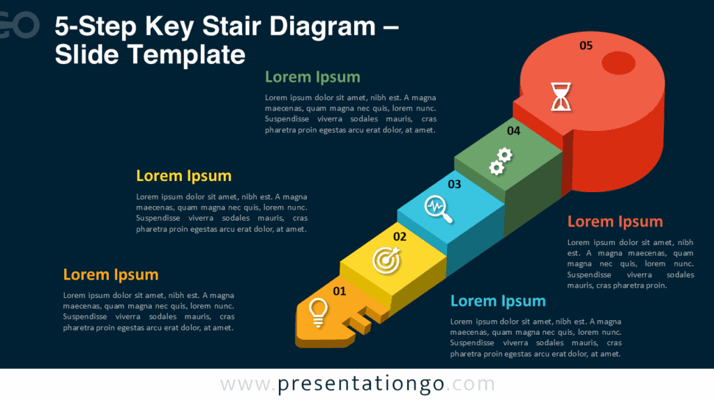 Dark 5-Step Key Stair Diagram Template for PowerPoint Dark version of 5-step key stair diagram for PowerPoint slides