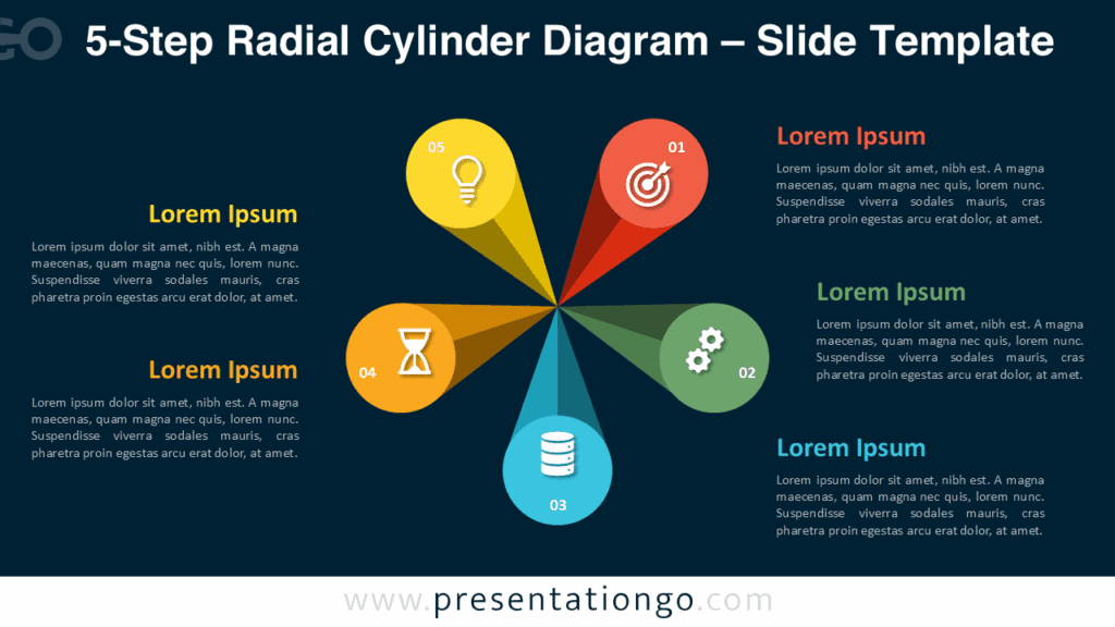 Dark Version of 5-Step Radial Cylinder Diagram for PowerPoint Colorful five-step PowerPoint diagram on dark background