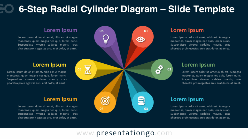 Dark 6-Step Radial Cylinder Diagram for PowerPoint and Google Slides Six-stage PowerPoint cylinder diagram on dark layout
