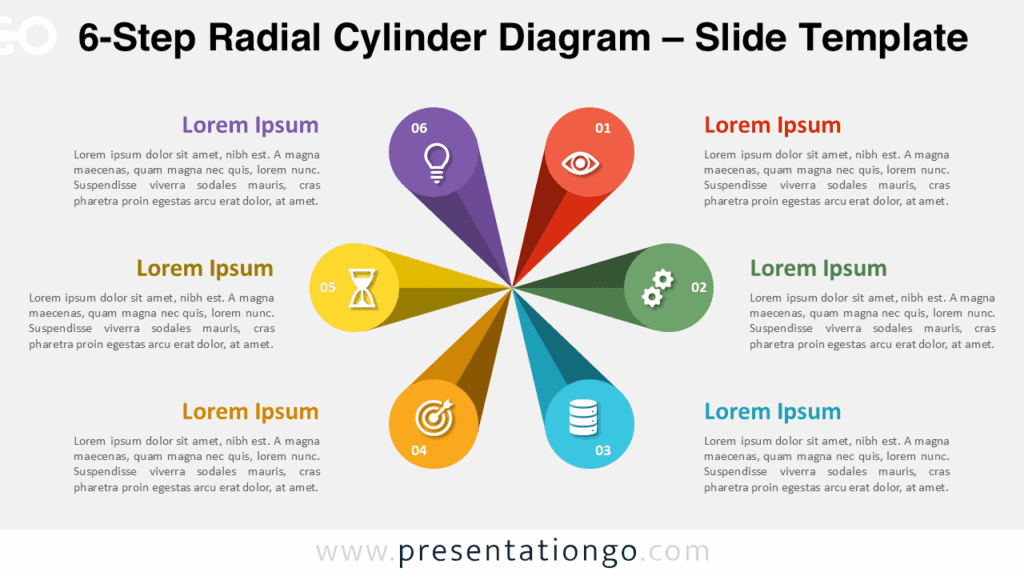 Six cylinders radiating from center in PowerPoint diagram