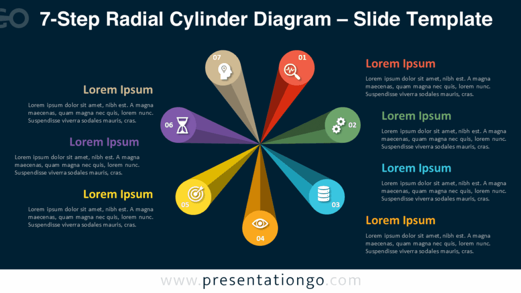 Dark Version of 7-Step Radial Cylinder Diagram for PowerPoint 3D seven-step PowerPoint cylinder diagram with dark theme