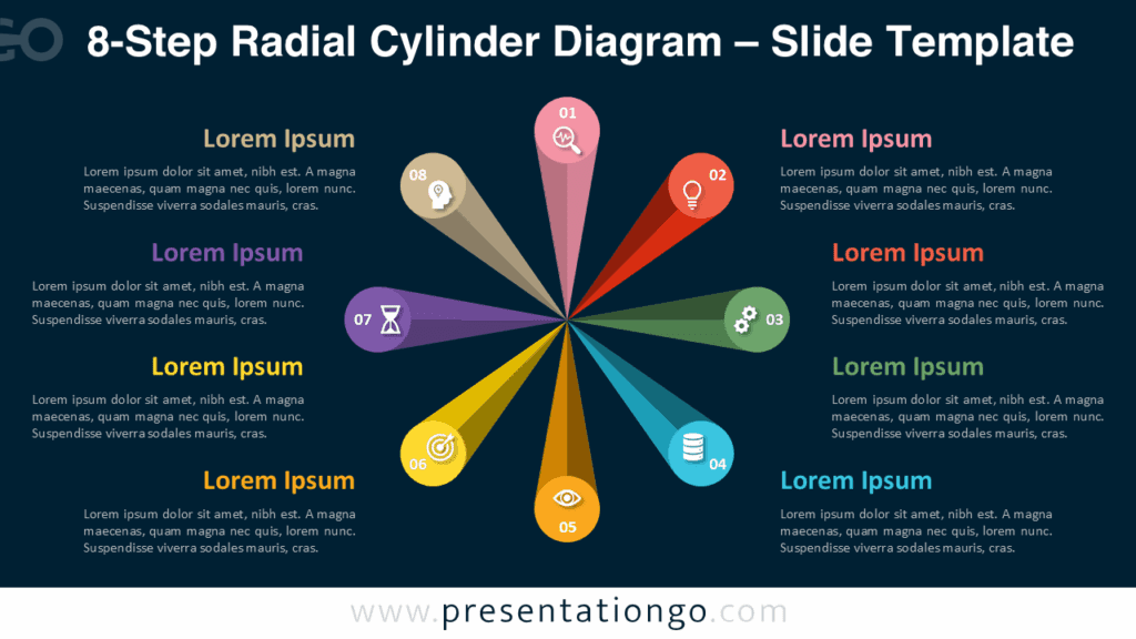 Dark 8-Step Radial Cylinder Diagram for PowerPoint and Google Slides Eight-stage 3D PowerPoint diagram with dark background