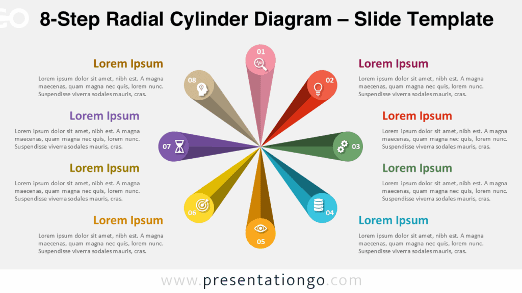 Eight cylinders arranged radially in PowerPoint diagram