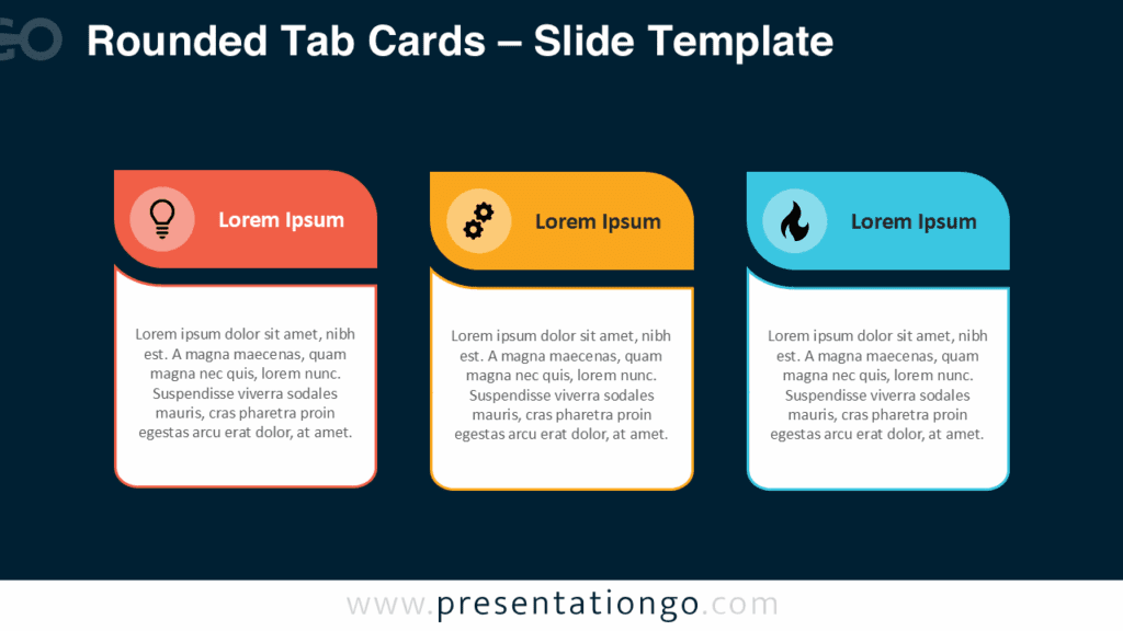 Rounded Tab Cards (Dark) for PowerPoint & Google Slides Dark version of rounded tab cards diagram for PowerPoint slides