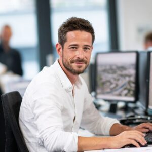 Confident man in white shirt working at desk with computer monitors in a modern office environment.