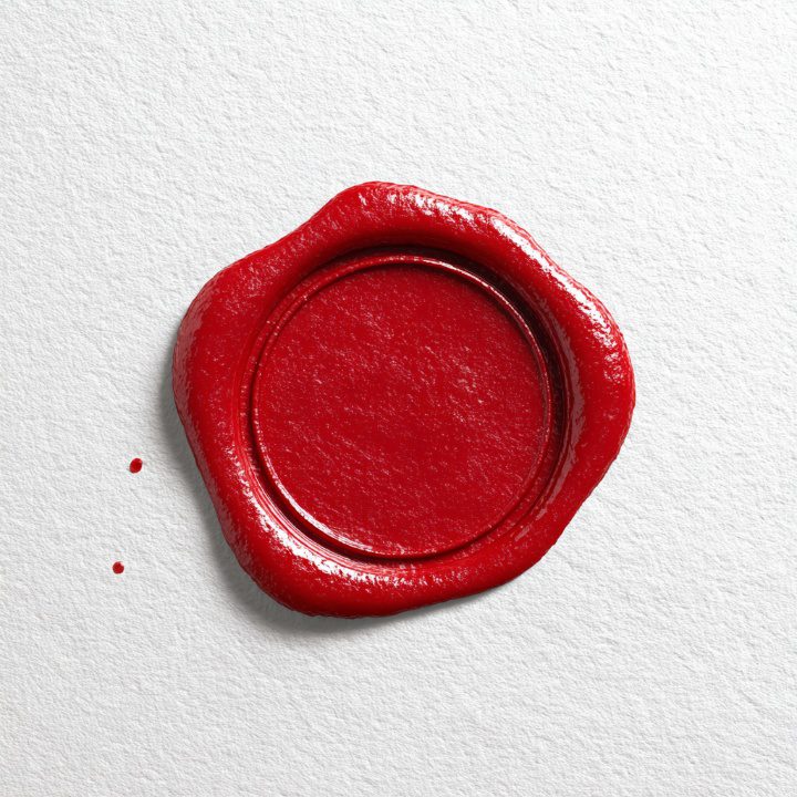 Red wax seal on white textured paper background, symbolizing vintage communication or formal certification.