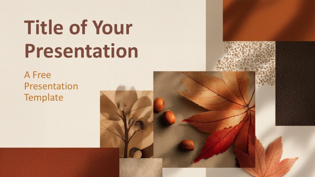 Rustic Fall Collage Cover Slide Cover slide of the Rustic Fall Collage template featuring autumn leaves and textured papers, designed for PowerPoint and Google Slides presentations.